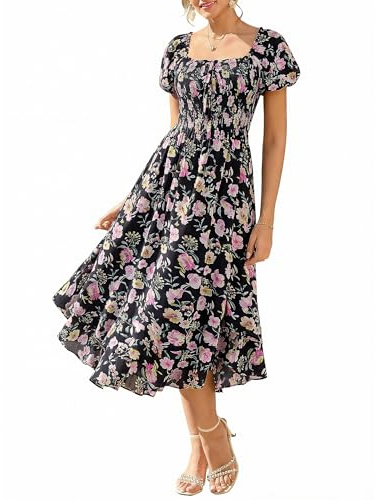GRACE KARIN Women Summer Dress Square Neck Smocked A-line Floral Dresses | Summer Wedding Guest Dresses for Women UK Casual Elegant Puff Sleeve Maxi Dresses with Pockets
