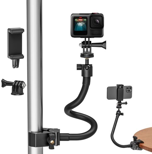 Action Camera Mount with Super Clamp for GoPro Hero 13 Insta 360 X6 X5 X4 | Flexible Gooseneck Clamp Arm Jaws Mount Compatible for DJI Osmo Pocket 4 3 DJI Action GoPro Hero 12 11 10 9 Black