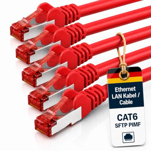 1aTTack.de Cat6 Ethernet Cable 5x 0.25m RJ45 - LAN Router - red | SFTP PIMF shielding reduces interference; RJ45 LAN cable for router, switch, PC, console, Smart TV and Ethernet networks