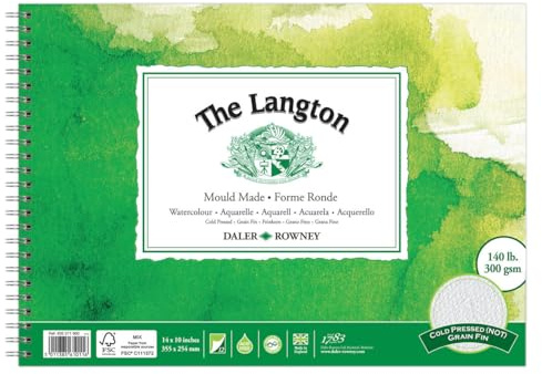 Daler-Rowney The Langton Watercolour Paper, Cold Pressed, 300 gsm, 140lb, Spiral Pad, 14 x 10in - 35.6 x 25.4 cm, Natural White, 12 Sheets