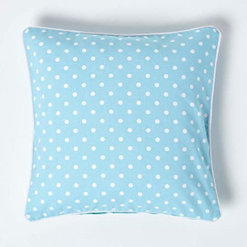 HOMESCAPES - 100% Cotton - Polka Dots - Cushion Cover - 45 x 45 cm Square - 18 x 18 Inches - Blue White - 100% Cotton Sofa Pillow Cushion Cover - Washable