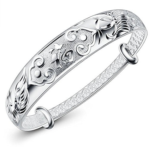NANHONG 925 Sterling Silver Bracelet-3D Loong and Phoenix Relief and Engraved Chinese Blessing
