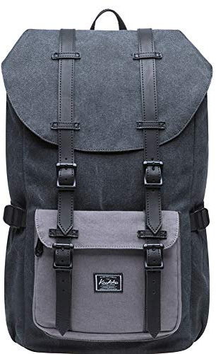 KAUKKO Vintage Canvas Rucksack Damen Herren Baumwolle Daypack mit Laptopfach für 14 Zoll Notebook für Schule, Uni, Reisen, Wandern, 22L, Schwarz und Grau