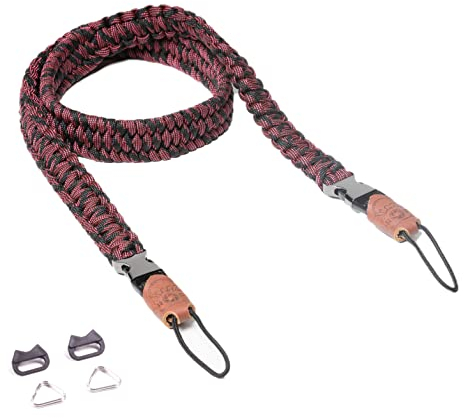C-Rope Kameragurt THE TRAVELER handgeflochten aus Paracord, Schultergurt mit Schnellverschluss, 125cm, Schwarz-Rot