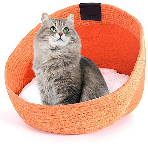 PJDDP Katzenbett Rund Haustierbett Katzenbettchen Hundebett Katzenkörbchen Katzennest Hand Stricken Baumwolle Sommer Katzenkorb Katze Kratzen Filz Gestrickt Katzen Bettchen Faltbar Waschbar,Orange