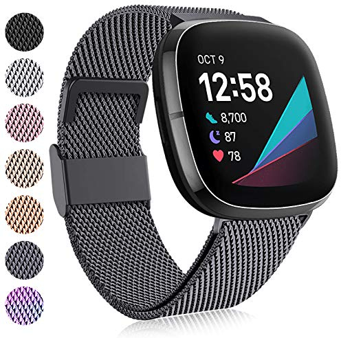 Faliogo Kompatibel mit Fitbit Versa 3/4/Sense Armband, Verstellbares Edelstahl Metall Ersatzarmband mit Magnetverschluss für Versa 4/3/Sense 2, Large Space Grey