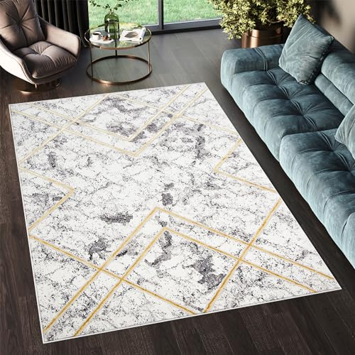 TAPISO Shine Teppich Kurzflor Geometrisch Creme Goldene Linien Wohnzimmer Schlafzimmer 3D Optik Modern Design ÖKOTEX 300 x 400 cm