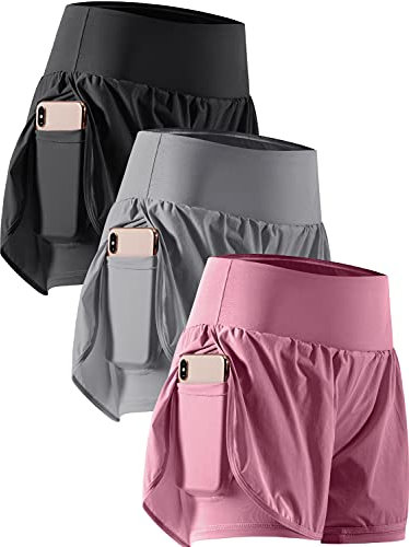 CADMUS 2-in-1 Damen-Trainingsshorts für athletisches Fitnessstudio, Laufshorts mit Handytaschen, 3er-Pack: 06# Schwarz & Grau & Lila, Klein