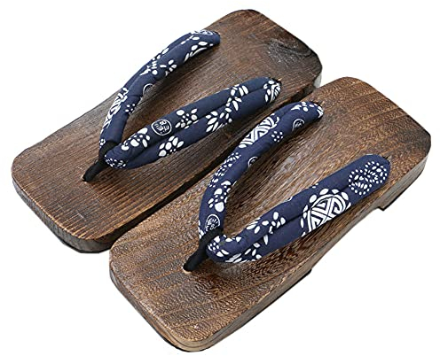 KUNANG Sandales en Bois pour Homme, Geta Japonaise Traditionnelle, Pantoufles, Sabots, Bleu/Blanc, 42 2/3 EU