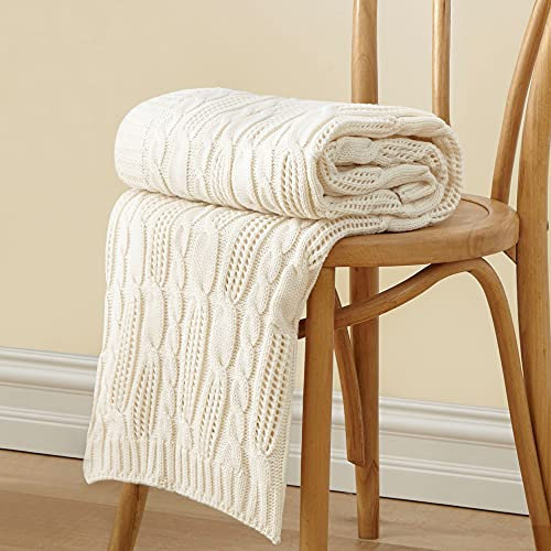 Aormenzy Cable Knit Throw Blankets 50 x 60 Inch Soft Cozy Lightweight Knitted Blanket Machine Washable Acrylic Blanket Decorative Throw Blanket for Couch Sofa Bed Cream White