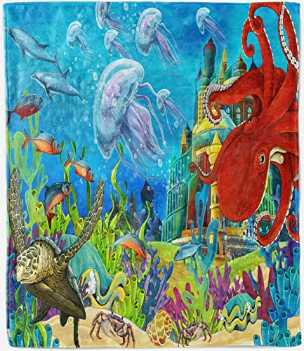 ANHOPE Ozean Schloss Oktopus Decke Weich Warm Leicht Flanell Wurfdecke Wohndecke Sofadecke Couchdecke Ganzjahresdecke für Sofa Couch Bett Reisen Outdoor 150 x 200 cm