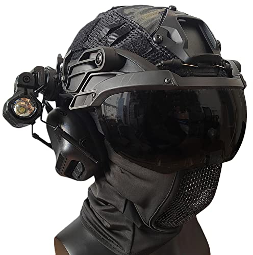 AQzxdc Paintball Helm Set, Maske mit Stahlnetz und Schalldichten Kopfhörern, Dreifarbige Schutzbrille und Zweifarbiges Visier, Zoombare Taschenlampe, für Outdoor-Spiele, Jagd, BBS,Bk max