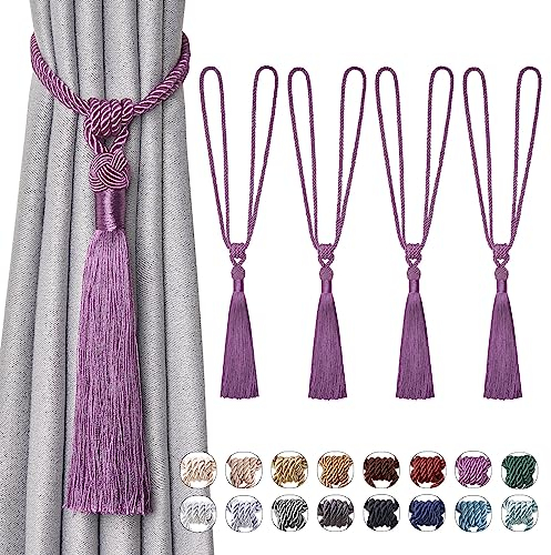 Pretty Jolly Langen Quasten Vorhang-Raffhalter Handmade geflochtene Seil Knoten drapierte Raffhalter Elegante dekorative Vorhanghalter für Zuhause und Büro, Lila, 4 Stück