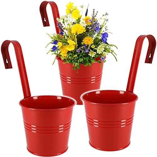alles-meine.de GmbH 5 Stück Hänge - Blumentöpfe/Hängetöpfe/Pflanzschale - Metall - Ø 17 cm - rot RUND - Hängend/mit Haken & Halterung - Aufhängen - groß - mit Henkel - E..