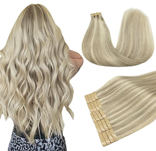DOORES Tape in Echthaar, Aschblond Highlights Platinblond 40cm (16zoll) 50g 20pcs, Remy Tape Haarverlängerung Echthaar Remy Human Hair Gerade Haar