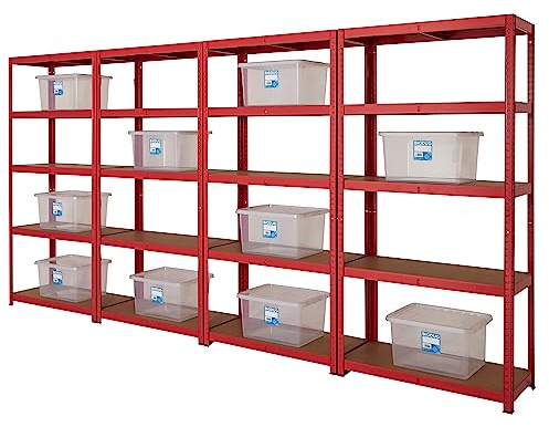 BiGDUG Garage Shelving Units 4 Bay & 10 Storage Boxes (31L) - 175kg per shelf (875kg per bay) - 178x90x40 cm - 5 Tier Storage Shelves - Red
