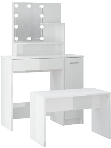 vidaXL Schminktisch Set mit LED Frisiertisch Kommode Frisierkommode Kosmetiktisch Hocker Spiegel Schminkhocker Schlafzimmer Hochglanz-Weiß Holzwerkstoff