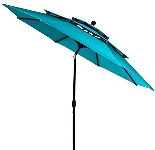 COSTWAY Sombrilla Autoinclinable de 3 M de 3 Niveles para Exteriores, Sombrilla de Patio con Doble Ventilación, Sombrilla de Mercado Inclinable con Manivela, para Mercado, Piscina, Jardín, (Turquesa)