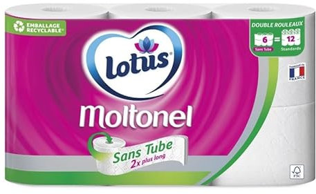 LOTUS Moltonel Papier Toilette Sans Tube, Ultra Doux et Résistant, 6 Rouleaux Pratiques et Écologiques pour Votre Confort Quotidien - Lot De 2 - Vendu Par Lot