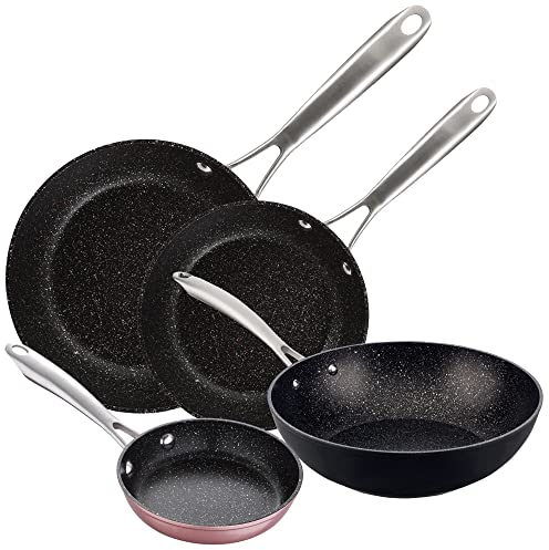 San Ignacio Set sartenes 16x4.0, 20x5.0 cm, 28x6.0 cm y Wok 28x8.0 cm aluminio forjado, aptas para inducción VITA
