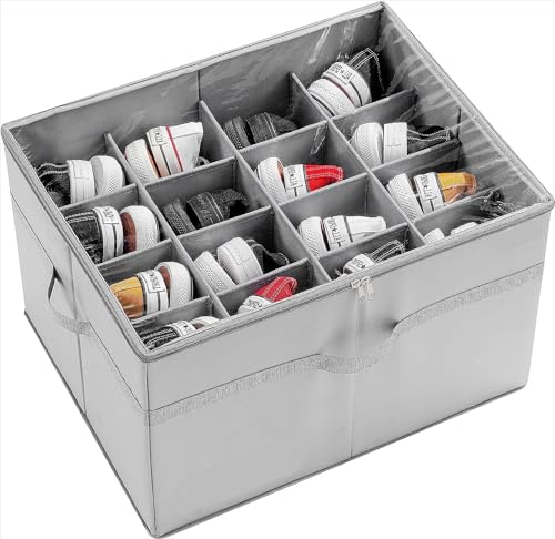 Adjustable Dividers Shoe Storage Box for Closet - Foldable Shoes Organizer with Transparent Dust Cover & Handles Fabric Shoe Storage Bins with Clear Cover for Storing Shoes or Clothing (XL)