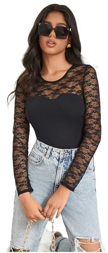 ohmydear Women's Bodysuits Long Sleeve Lace Mesh Bodysuit Stretchy Sheer Leotards for Women Body Top Plus Size Black Body Suits Sexy Clubbing Outfits