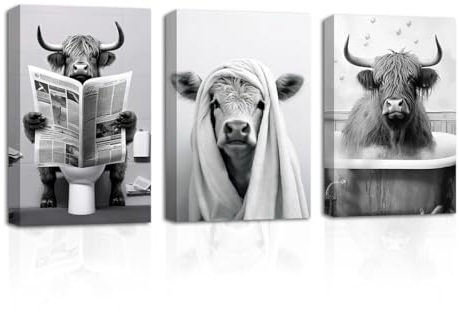 CXHOSTENT Lustiges Hochlandkuh Badezimmerdekor 3 teiliges Schwarz Weiß Kuh in Badewanne Bild auf Leinwand rustikaler Stil Poster Drucke Toilettendekor (C, 30.00 x 40.00 cms x 3PCS)