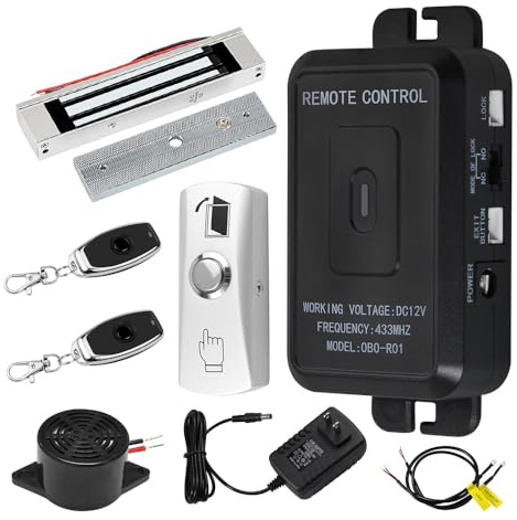 OBO HANDS Juego de desbloqueo remoto inalámbrico con control de acceso + cerradura magnética eléctrica + botón de salida de metal + 2 transmisores de 433 MHz