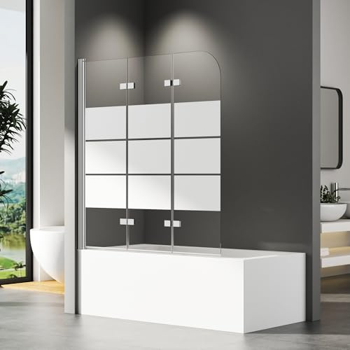 Duschwand für Badewanne 130x140cm, Gestreift Duschwand Badewannenaufsatz Duschwand 3-teilig Faltbar Duschabtrennung Badewanne mit 6mm NANO ESG-Glas