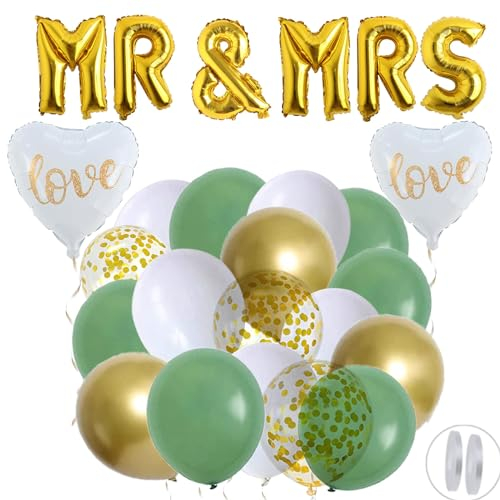 60 Stück Hochzeit Luftballon Grün Gold MR & MRS Foil Gold Ballons Deko Hochzeit Ballons Hochzeitsballons 30 cm Ballon Grün Weiß Gold