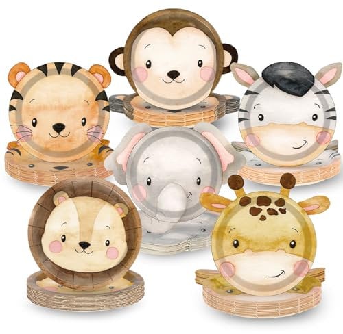 Naozinebi 60 Count Jungle Animal Party Plates Safari Animal Shaped Paper Plates Zoo Jungle Them Disposable Party Decorations Wild Safari Tableware for Birthday Baby Shower Favor Favor Supplies