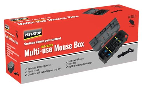 Pest-Stop Pre-Baited Multi-Use Mouse Box – 4 Quick-Snap Traps – Chocolate-Flavoured Hypoallergenic Bait – Reusable, Safe for Homes with Pets & Children – Long-Lasting Protection