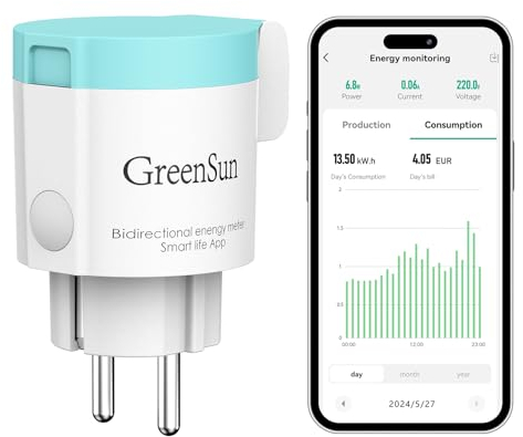 GreenSun Zeitschaltuhr Aussenbereich Wlan Steckdose - Stromzähler für Balkonkraftwerk Zeitschaltuhr Steckdose Mini-PV Stromzähler für Steckdose Wlan Steckdose Sprachsteuerung mit Alexa IP44