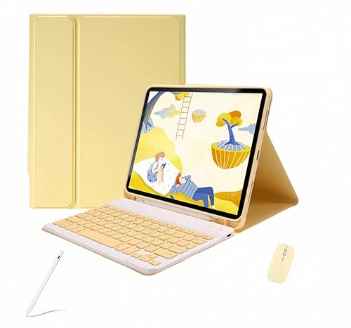 XFTeoux Coque Clavier pour iPad Air 11 inch M2 2024 6th Generation(A2902/A2903/A2904,Detachable Bluetooth Keyboard,Mouse & Keyboard & Pencil Set,Jaune