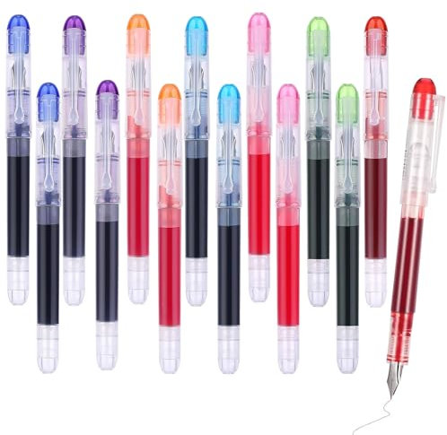 VEGCOO 14 Pcs Colorful Disposable Fountain Pens, Fountain Pens for Writing with Large Capacity Quick-drying Ink No Need to Replace Ink Bags for Daily Writing, Gifts