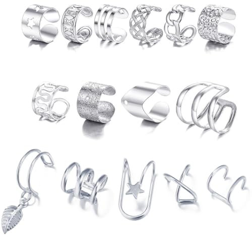 IBXWMNG 15pcs Oreille Boucles Oreille Sans Trou Ear Cuff Non Piercing Helix Cartilage Boucles d'Oreilles Ensemble Manchette d'Oreille pour Femme Faux Piercing (Argent)