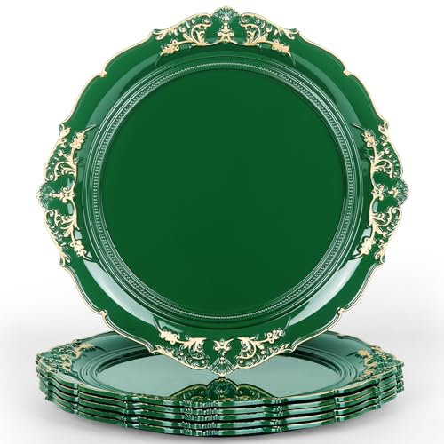 YXZHUOYU Antique Charger Plates, Set of 6 Plastic Embossed, Green Charger Plate, 13 Inch, Elegant Charger Plates, Plate Set, Decorative Chargers for Dinner Plates