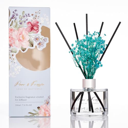 M&SENSE Duftstäbchen Set, 200ml Zitrone, Freesie & Magnolie Duft, Aroma Diffuser mit 7 Stäbchen & Schleierkraut, langanhaltender Raumduft für Badezimmer, Regal, Geschenkidee für Sie, MSRD0203