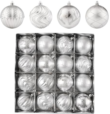 Luxuriöse Weihnachtsbaumkugeln, 8 cm, bunt, bruchsicher, Kunststoff, zum Aufhängen, für Weihnachtsbäume, Dekoration, Hochzeit, Urlaub, Party, Silber, 16 Stück