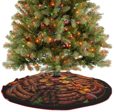 Weihnachtsbaumdecke 76,2 x 76,2 cm mit Pompom-Bordüre, Weihnachtsbaummatte, Wurst, Grill, Baumrock, Weihnachtsbaumschmuck, Bauernhaus, rustikaler Weihnachtsbaumrock für Neujahr