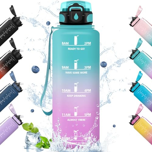 HoneyHolly Gourde, 1.5L Bouteille, Gourde Sport avec Paille, Gourde Motivation avec Marqueur de Temps, Bouteille d'eau, Étanche, Bouteille d'eau pour Randonnée, Camping, Fitness, Cyclisme