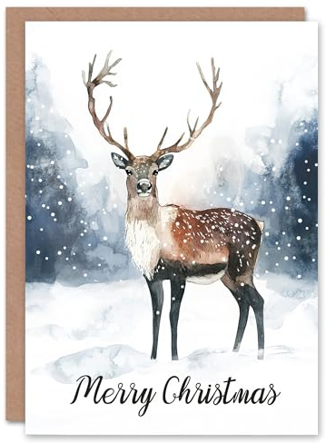 Artery8 Reindeer Misty Winter Snow Landscape Watercolour Blank For Him Or Her Art Christmas Card