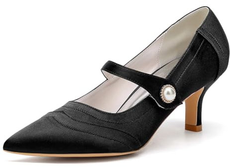 Women's Satin Mid Kitten Heel Wedding Shoes for Bride Pumps Pointed Toe Mary Jane Party Prom Court Shoes 1608-52,Black,4 UK