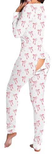 RUEWEY Women Butt Flap Pajamas Jumpsuit Sexy Deep V Neck Long Sleeve Bodycon Romper Overall Sleepwear (Bow-Pink, XL)