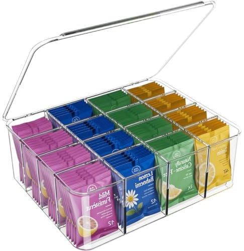 Rasydyn Tea Bags Organizer: Extra Large Tea Bag Holder with Lid - Drink Packets Organizer for Cabinet, Counter, Countertop, TeaBag Holder for 16 Different Types (Large)