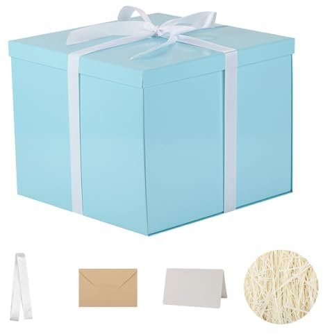 Große Geschenkbox mit Deckel, 32,5 x 32,5 x 25,4 cm, blaue Geschenkboxen für Geschenke, Verpackungen für Geburtstage, Valentinstag, Weihnachten, Jubiläen (inklusive geschredderter Papierfüllung