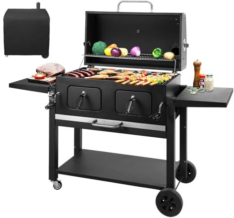 Holzkohlegrill Mit Deckel Große Holzkohle Grillwagen Smoker Grill - Edelstahl Griff Und Thermometer,Grillrost, Variable Kohlewanne, RäDer Outdoor BBQ Grill