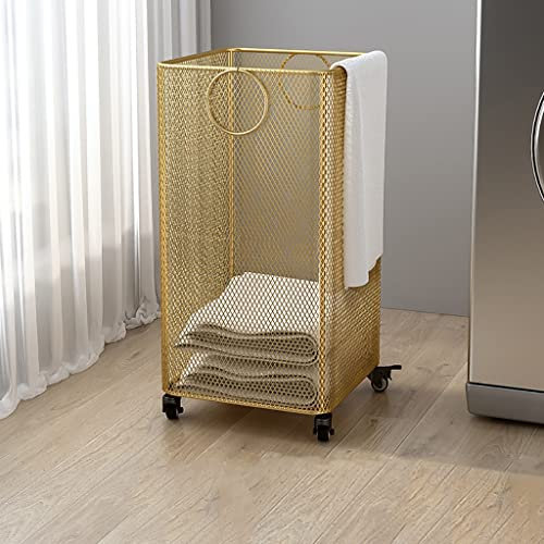 PYCJNFC Rolling laundry basket, Laundry basket Garment Storage Cart | Rolling Laundry Basket on Wheels, Gold Metal Basket with Wheels, Dirty Clothes Hamper Storage Bin for Bathroom - Organizer Rack,