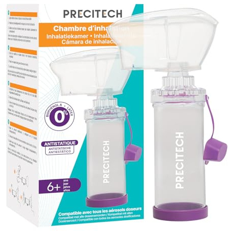 PRECITECH - Chambre d'Inhalation (Adultes et enfants de +6ans) Masque Silicone - Antistatique & Double Valve - 2 Rechanges - Compatible avec tous les aérosols doseurs