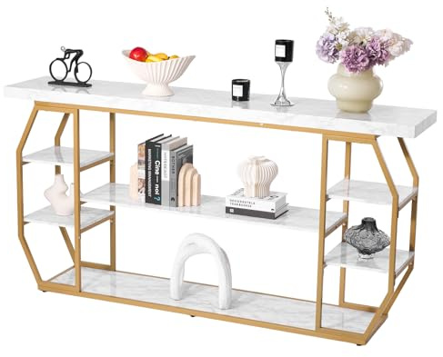 VEVOR Table Console en Marbre 3 Niveaux, Table d'Appoint Moderne et Géométrique pour Rangement Ouvert, avec Tubes en Fer, Dispositif Anti-basculement et Support Triangulaire, Salon Couloir, Dorée
